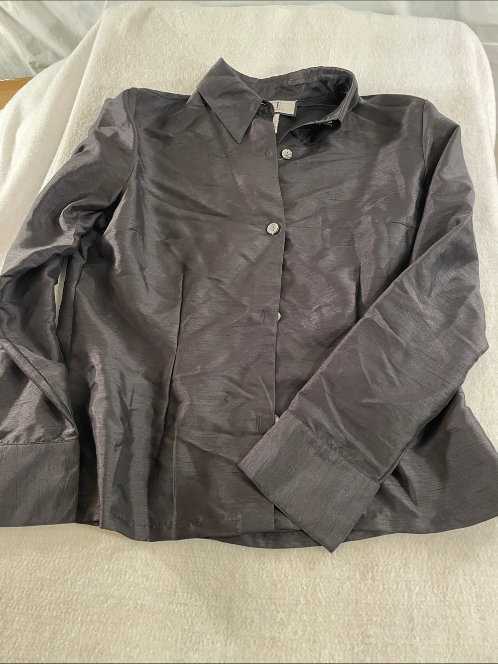 Silky Gray Long-Sleeve Button Front Blouse